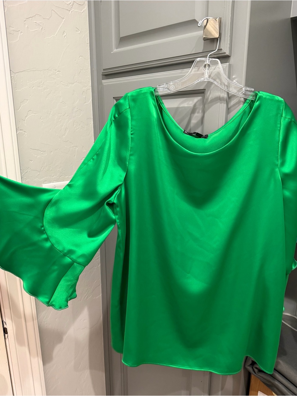Posh Green Satin Bell-Sleeve Long Sleeve Dress